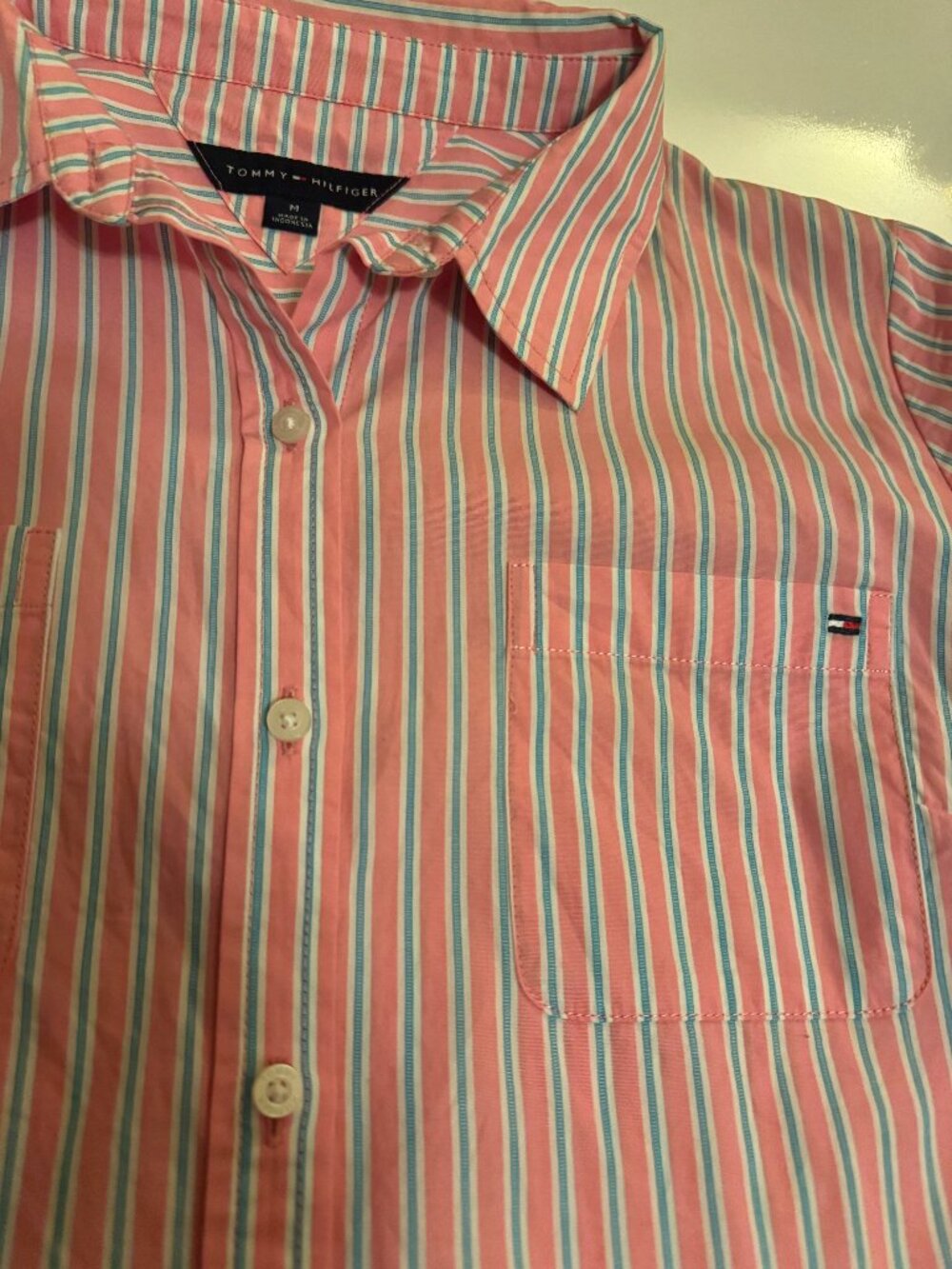 Tommy Hilfiger Pink Blue Striped Short-Sleeve Button-Down Shirt M